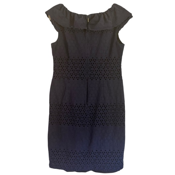 Karl Lagerfeld Paris Navy Off-Shoulder Eyelet Dress SZ 12 Ruffle Neck Cotton Mid - Picture 5 of 8